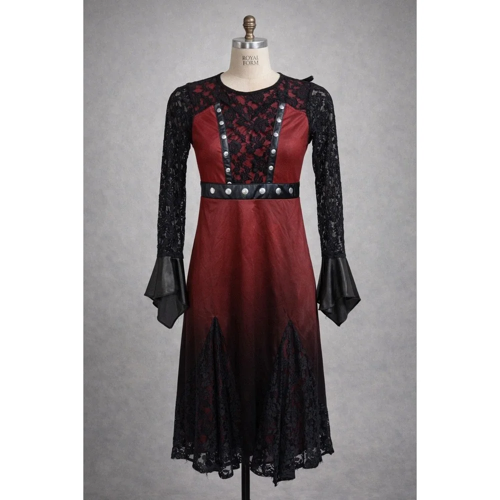 Girls Vampire Costume Dress Red Black Ombre Lace Studded Goth Halloween‎ Sm 4-6